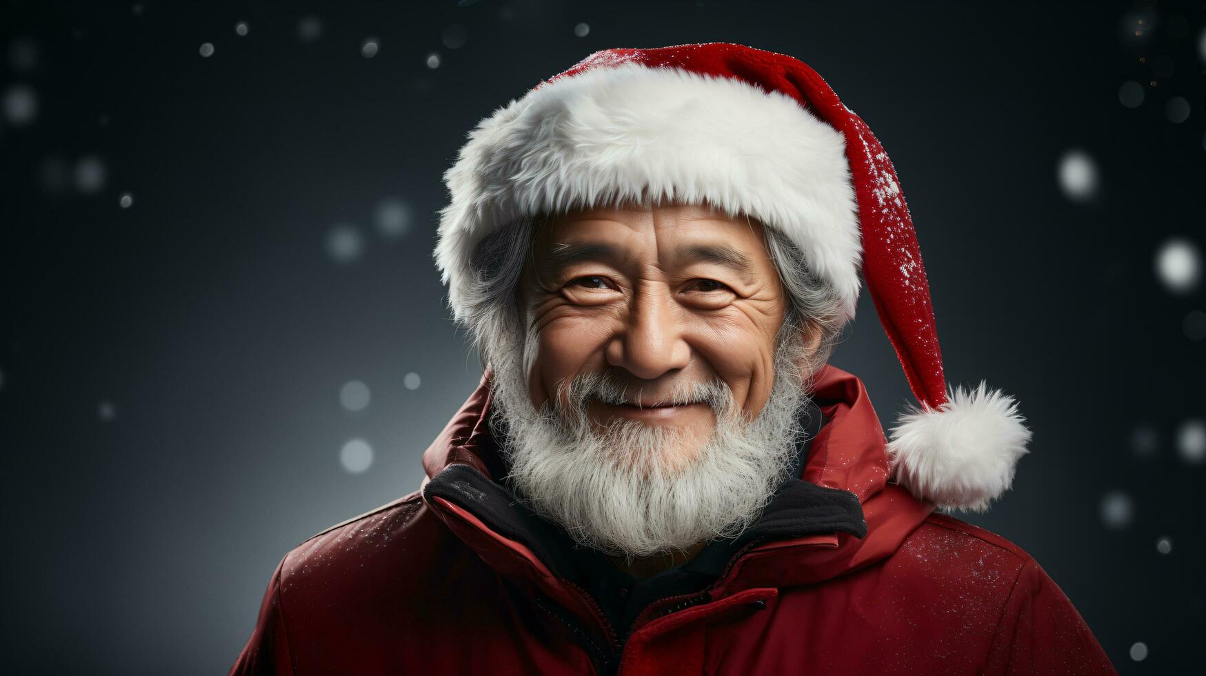 ritratto di sorridente asiatico anziano uomo nel Santa Claus cappello con lungo bianca barba guardare a telecamera contro buio sfondo foto