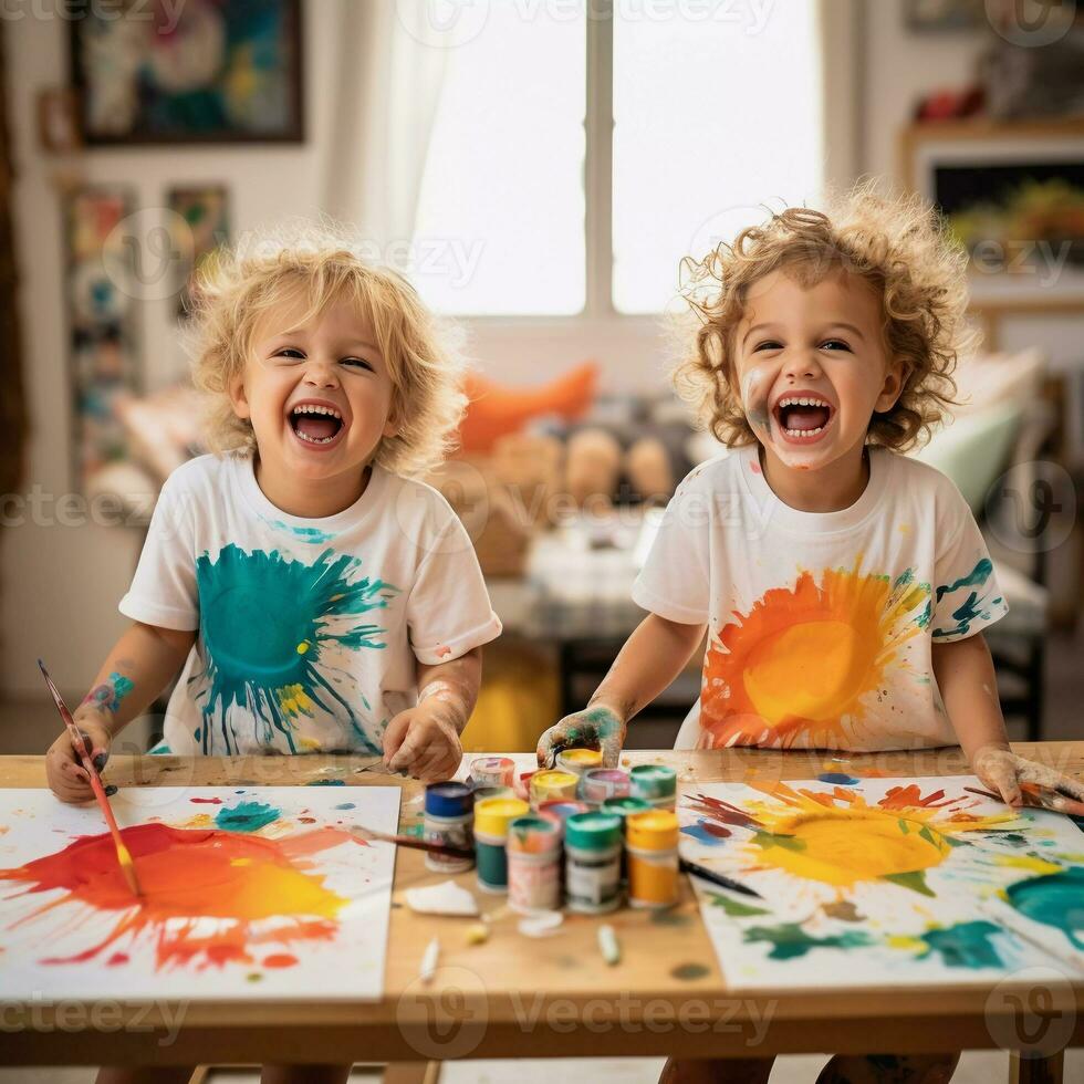 ai generativo carino bambini ridendo insieme e avendo divertimento con vernici. dipinto nel pelle mani. bambino ritratto. creativo concetto. vicino su foto