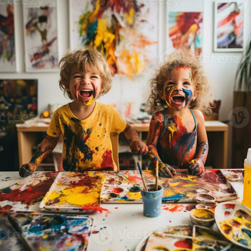 ai generativo carino bambini ridendo insieme e avendo divertimento con vernici. dipinto nel pelle mani. bambino ritratto. creativo concetto. vicino su foto