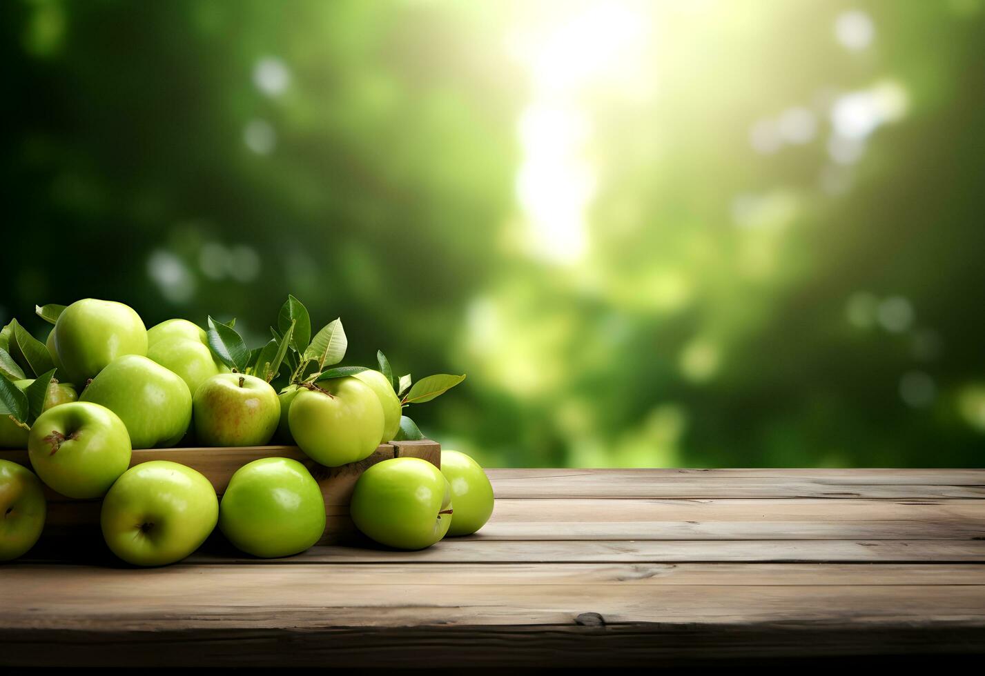 di legno tavolo con verde mele frutta e gratuito spazio su natura sfocato sfondo. generato ai. foto