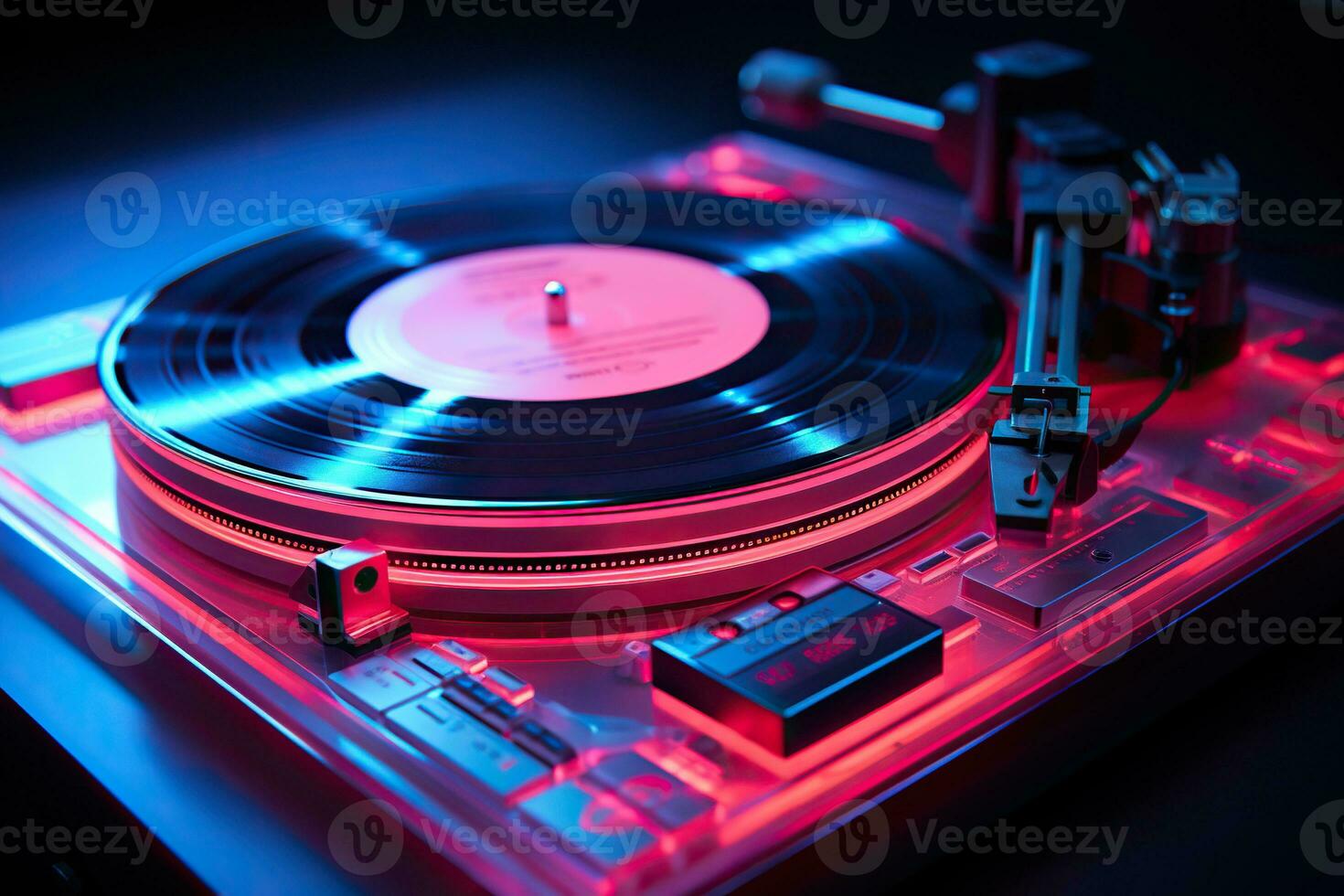 vinile disco nel neon luce. vinile giocatore nel retrò stile. avvicinamento. musica concetto foto