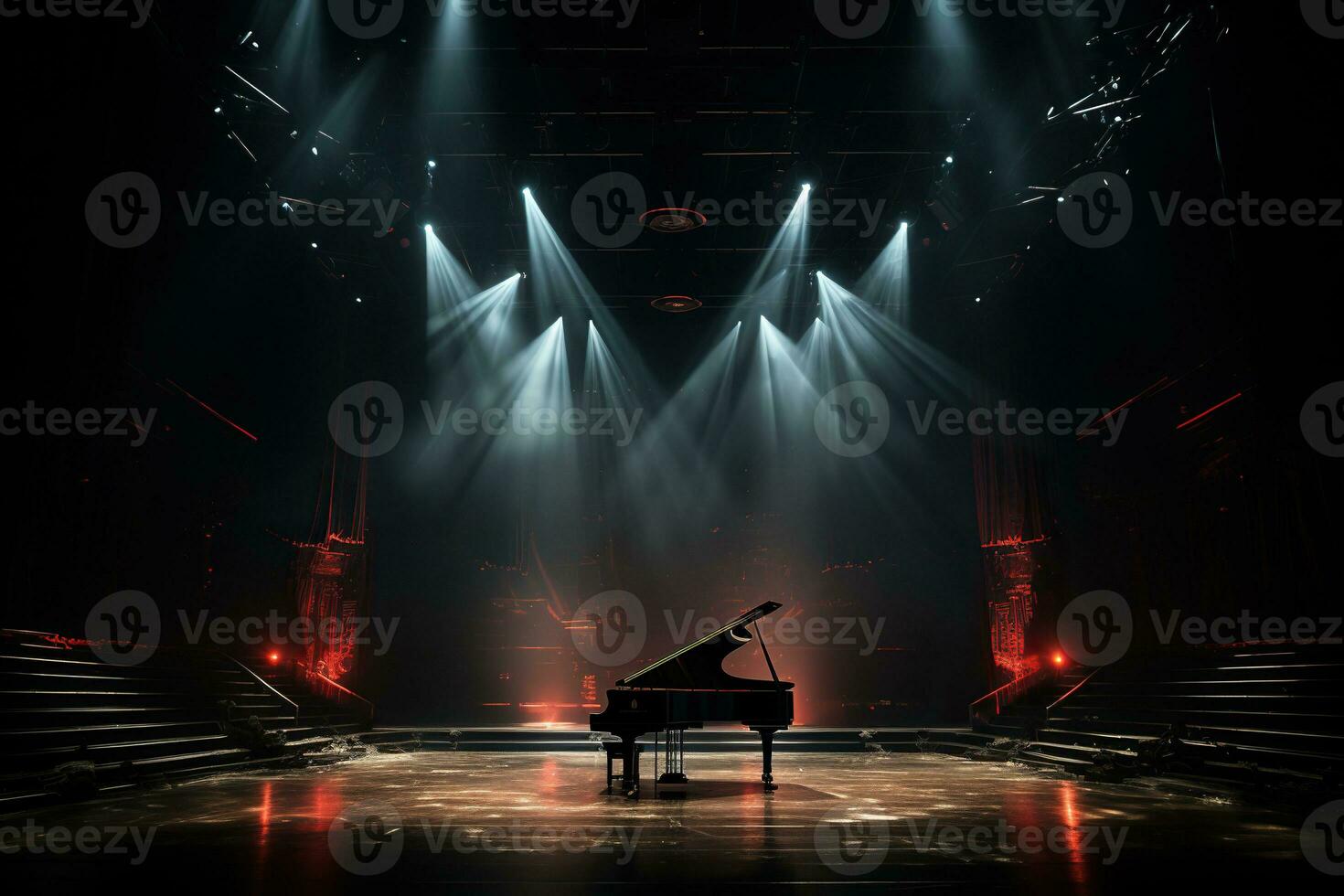 il pianoforte è nel il centro di il palcoscenico nel il leggero di il faretti. musicale prestazione foto