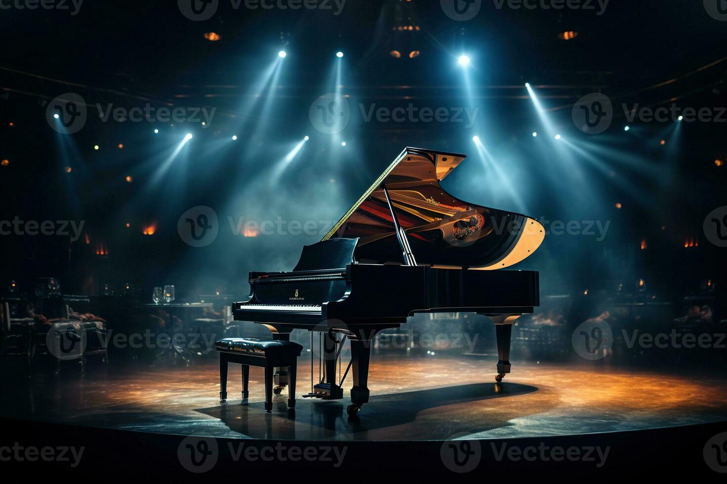 il pianoforte è nel il centro di il palcoscenico nel il leggero di il faretti. musicale prestazione foto