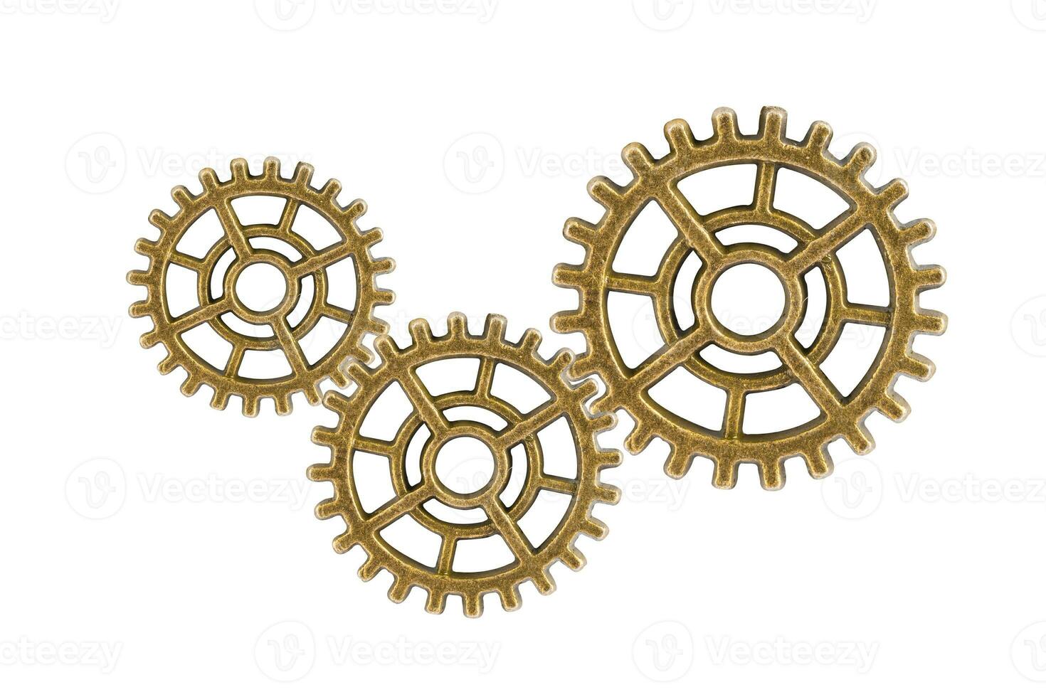 Ingranaggio e ingranaggi ruote isolato su un' bianca sfondo, orologio meccanismo, ottone metallo motore industriale. foto