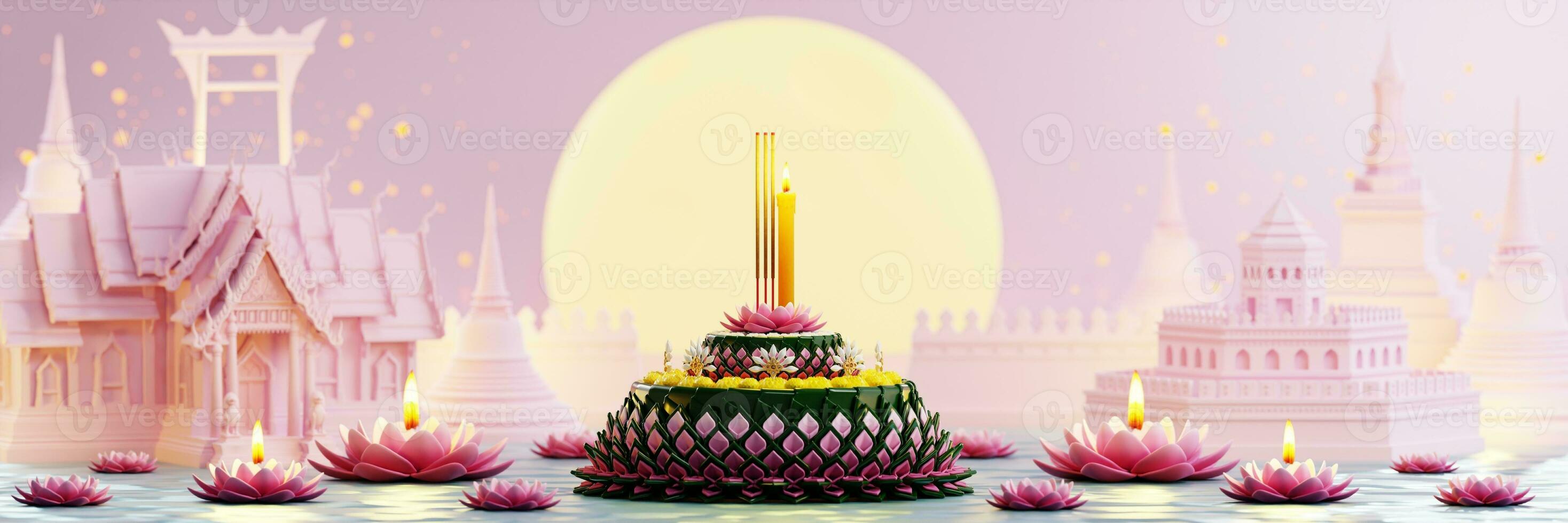 3d interpretazione illustrazione loy Krathong Festival e yi peng Festival nel Tailandia Krathong a partire dal Banana foglie, fiori, candele e incenso bastoni, Luna piena, fiume, e notte sfondo colore. foto