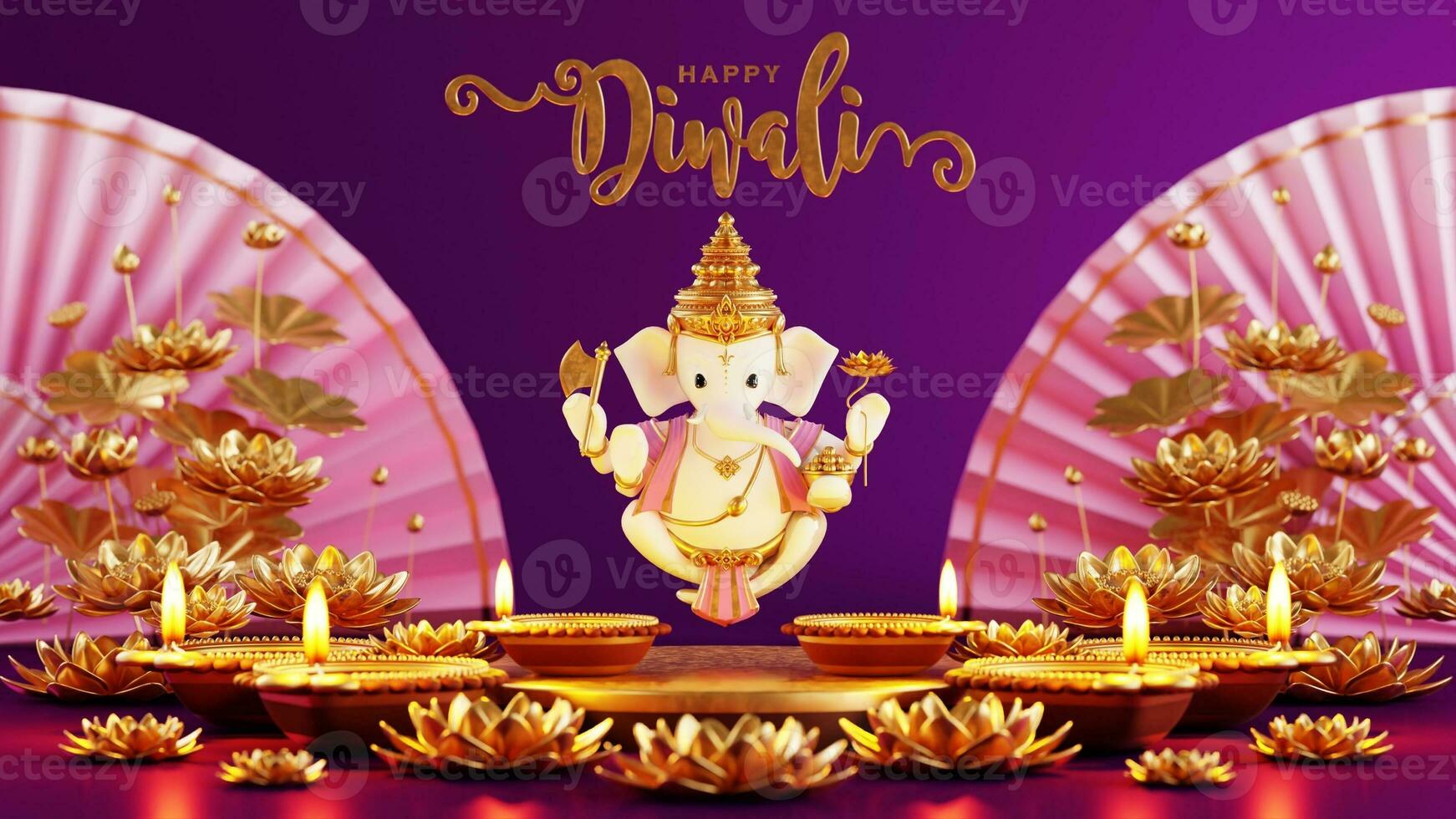 3d interpretazione per Diwali Festival diwali, Deepavali o dipavali il Festival di luci India con oro diya fantasia su colore sfondo. foto