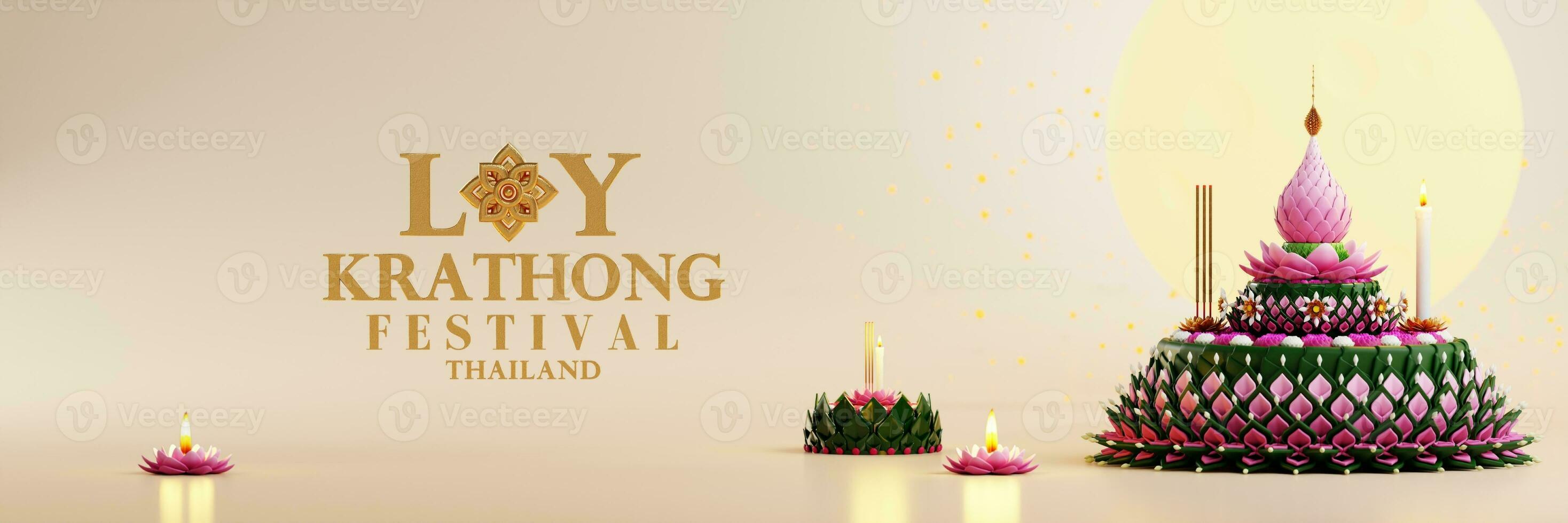 3d interpretazione illustrazione loy Krathong Festival e yi peng Festival nel Tailandia Krathong a partire dal Banana foglie, fiori, candele e incenso bastoni, Luna piena, fiume, e notte sfondo colore. foto