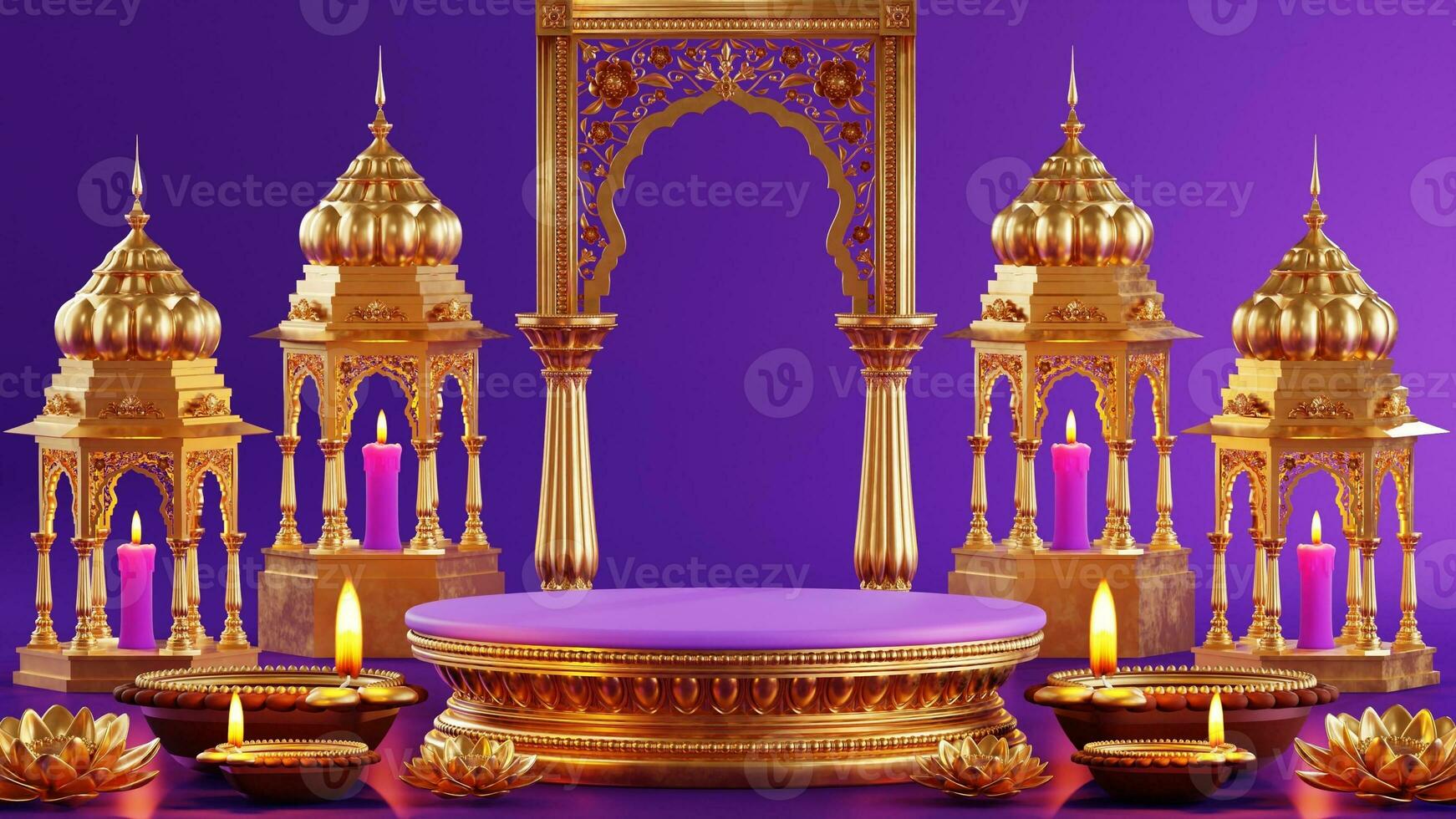 3d interpretazione podio per Diwali Festival diwali, Deepavali o dipavali il Festival di luci India con oro diya su podio, Prodotto, promozione saldi, presentazione piedistallo 3d interpretazione su sfondo foto