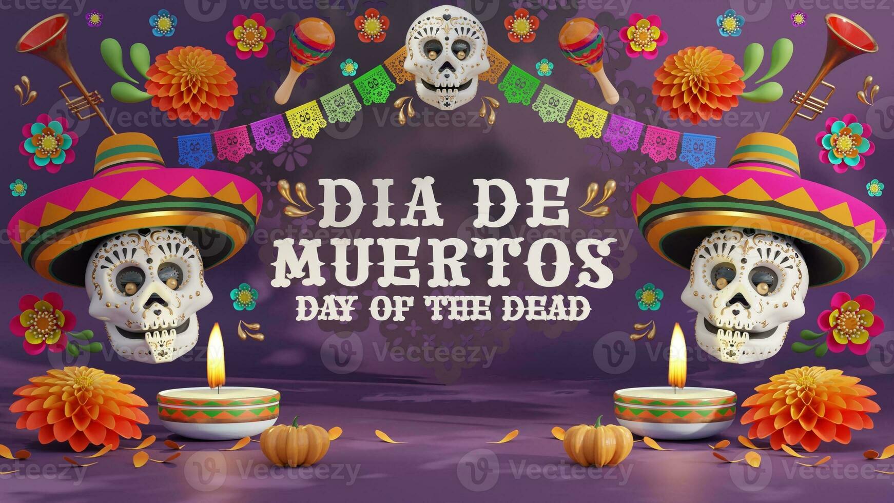 3d interpretazione illustrazione per giorno di il morto, dia de muertos altare concetto. composizione di carino zucchero teschi, bianca candele, calendula fiori di il morto. 3d illustrazione. foto