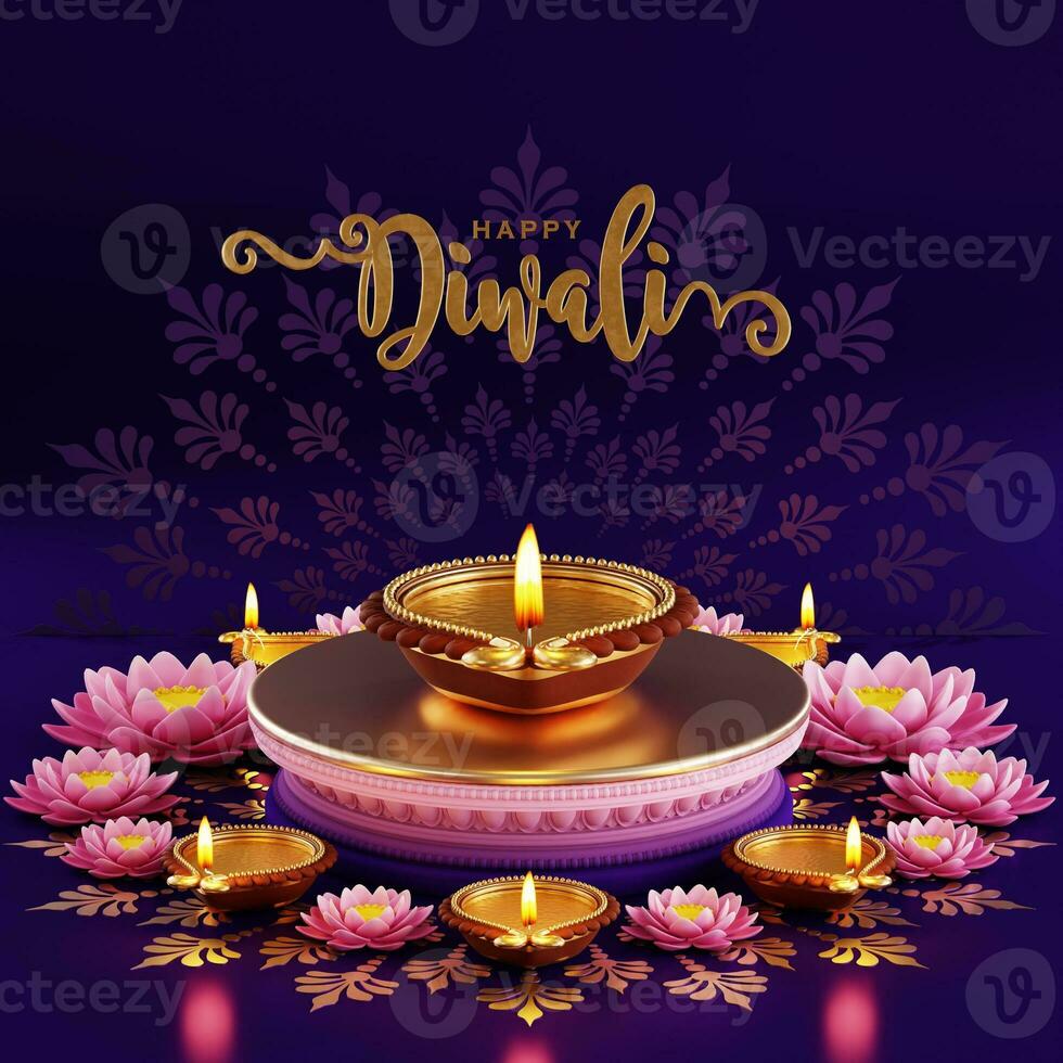 3d interpretazione per Diwali Festival diwali, Deepavali o dipavali il Festival di luci India con oro diya fantasia su colore sfondo. foto