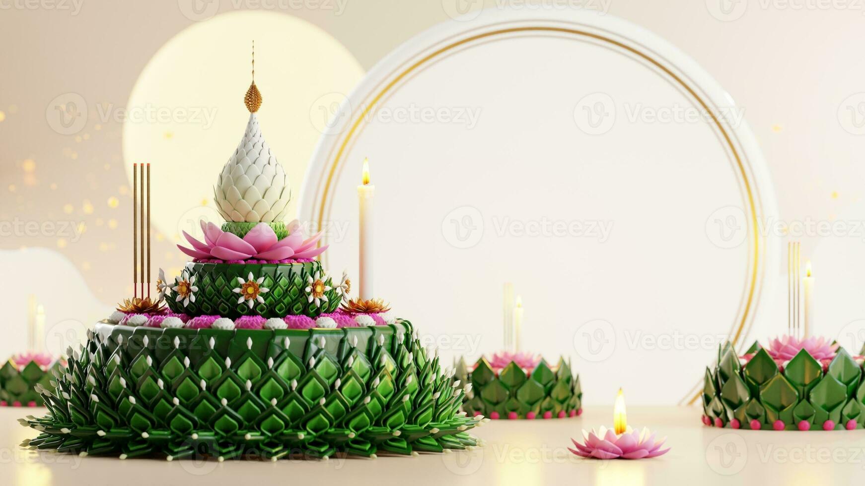 3d interpretazione illustrazione loy Krathong Festival e yi peng Festival nel Tailandia Krathong a partire dal Banana foglie, fiori, candele e incenso bastoni, Luna piena, fiume, e notte sfondo colore. foto