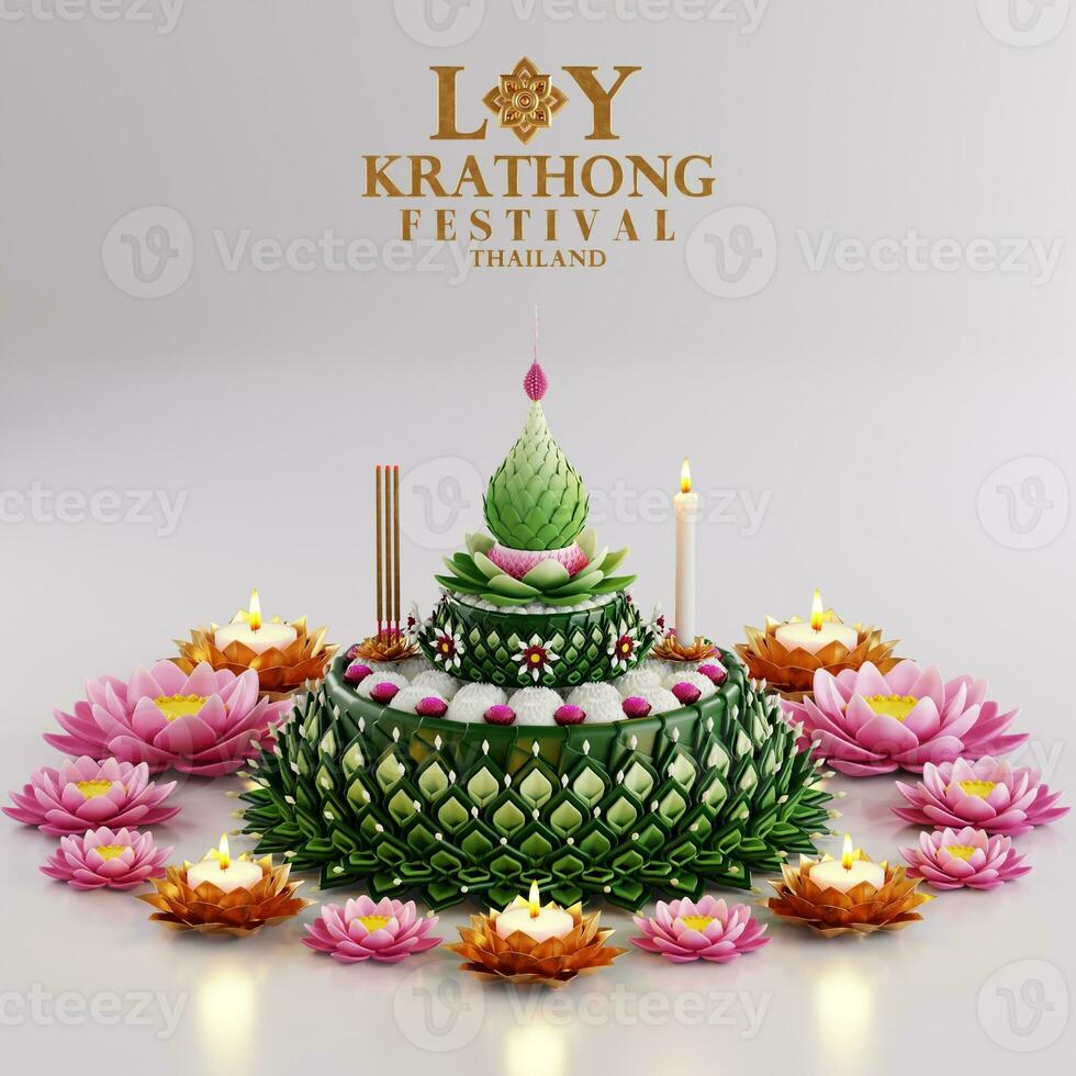 3d interpretazione illustrazione loy Krathong Festival e yi peng Festival nel Tailandia Krathong a partire dal Banana foglie, fiori, candele e incenso bastoni, Luna piena, fiume, e notte sfondo colore. foto