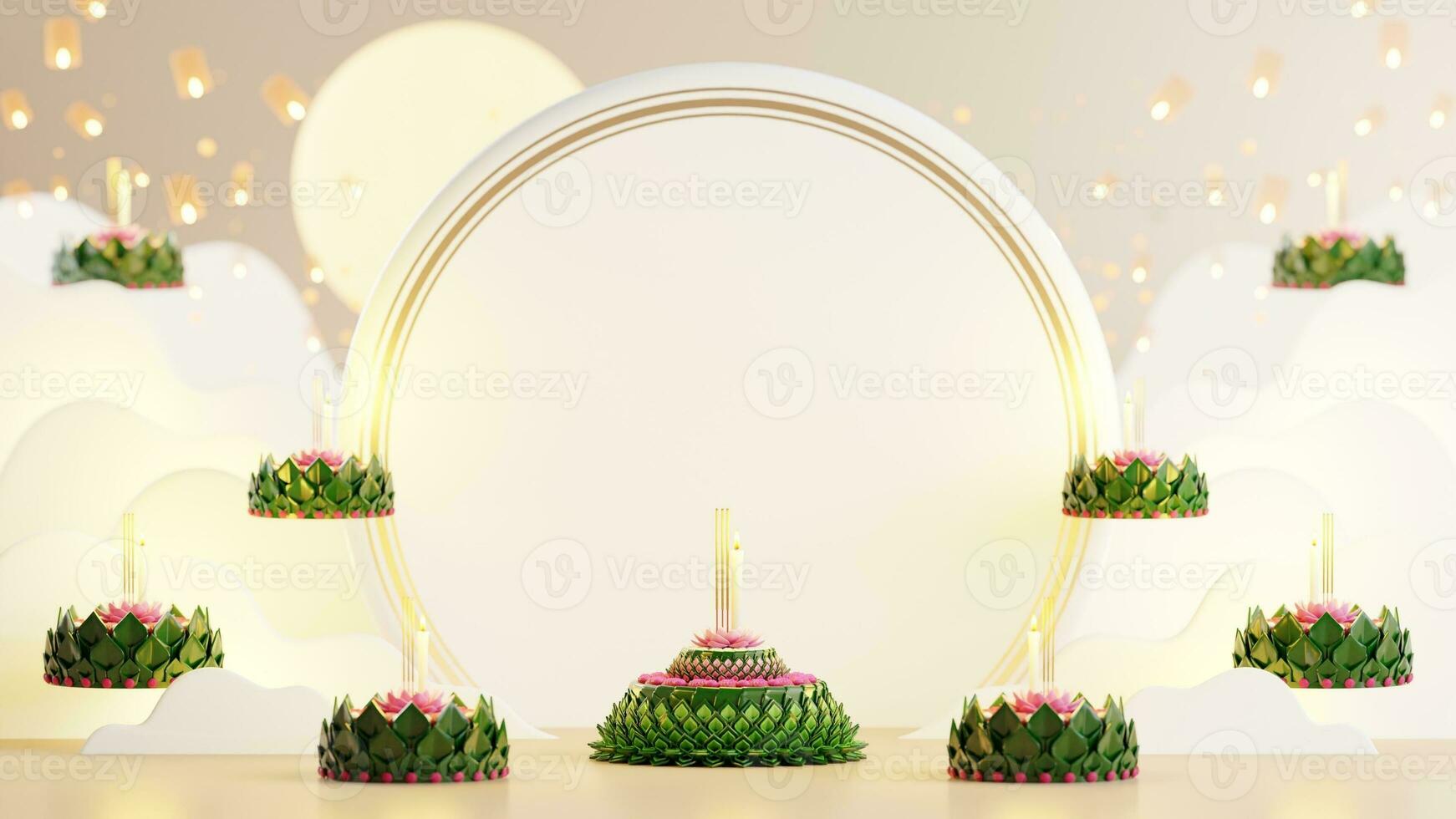 3d interpretazione illustrazione loy Krathong Festival e yi peng Festival nel Tailandia Krathong a partire dal Banana foglie, fiori, candele e incenso bastoni, Luna piena, fiume, e notte sfondo colore. foto