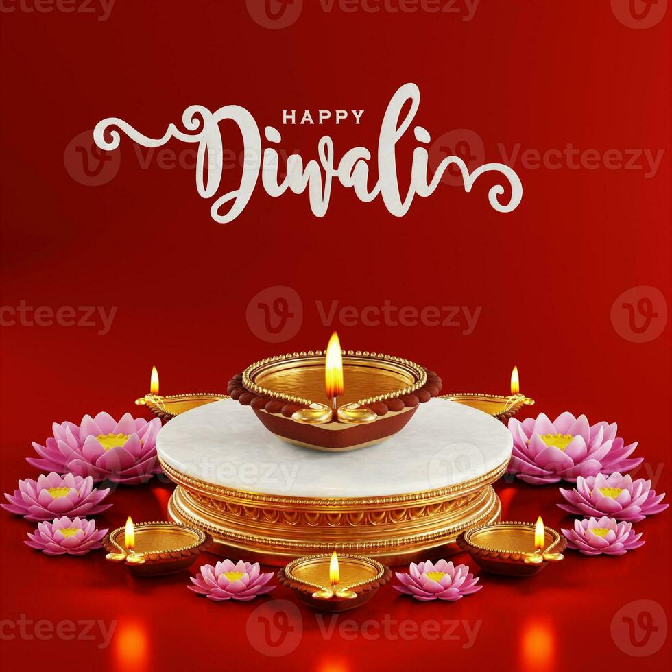 3d interpretazione per Diwali Festival diwali, Deepavali o dipavali il Festival di luci India con oro diya fantasia su colore sfondo. foto