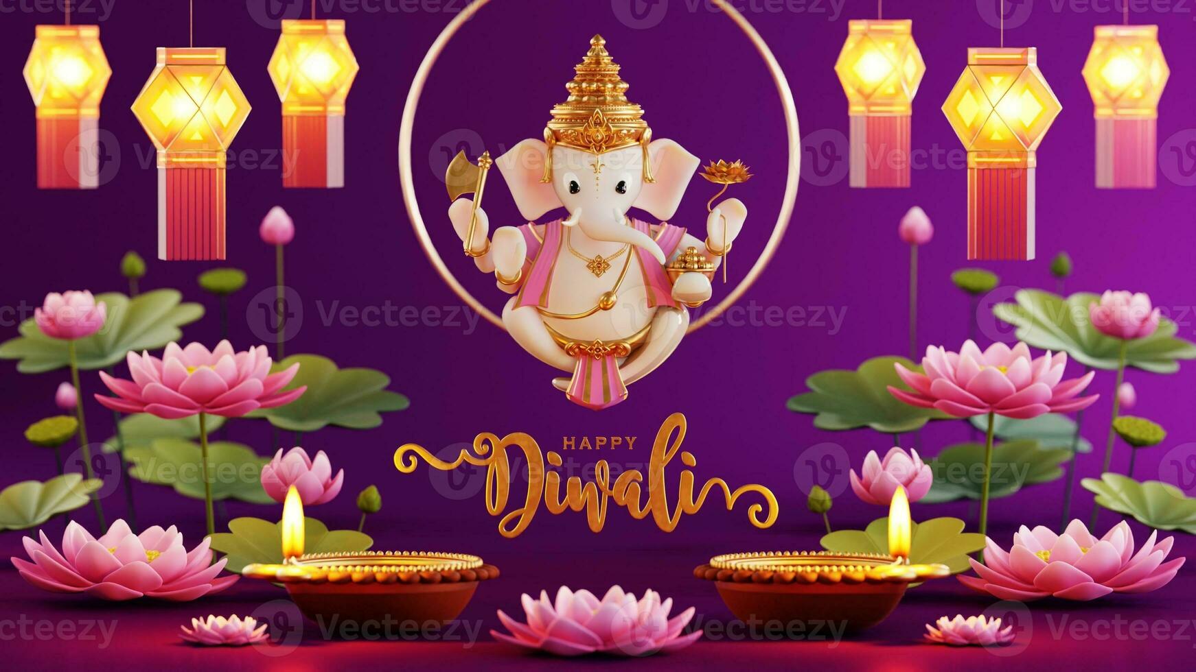 3d interpretazione per Diwali Festival diwali, Deepavali o dipavali il Festival di luci India con oro diya fantasia su colore sfondo. foto