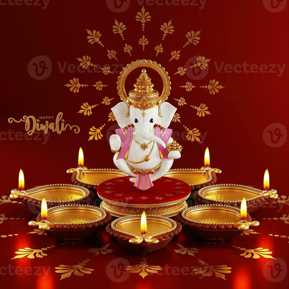 3d interpretazione per Diwali Festival diwali, Deepavali o dipavali il Festival di luci India con oro diya fantasia su colore sfondo. foto