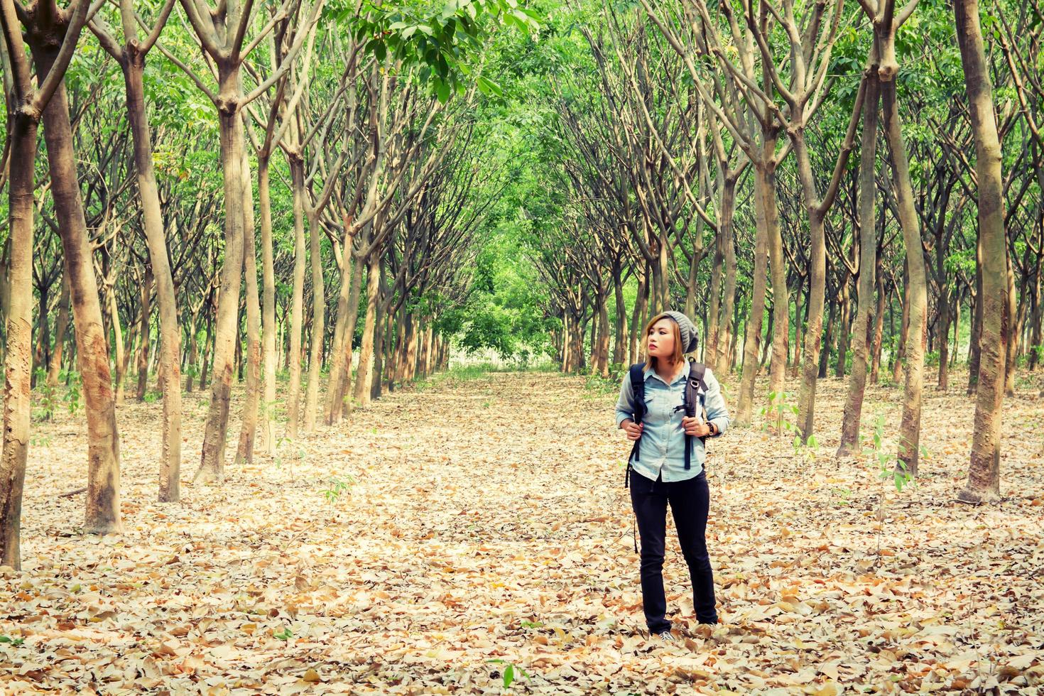 bella giovane donna che porta zaino a piedi nella foresta foto