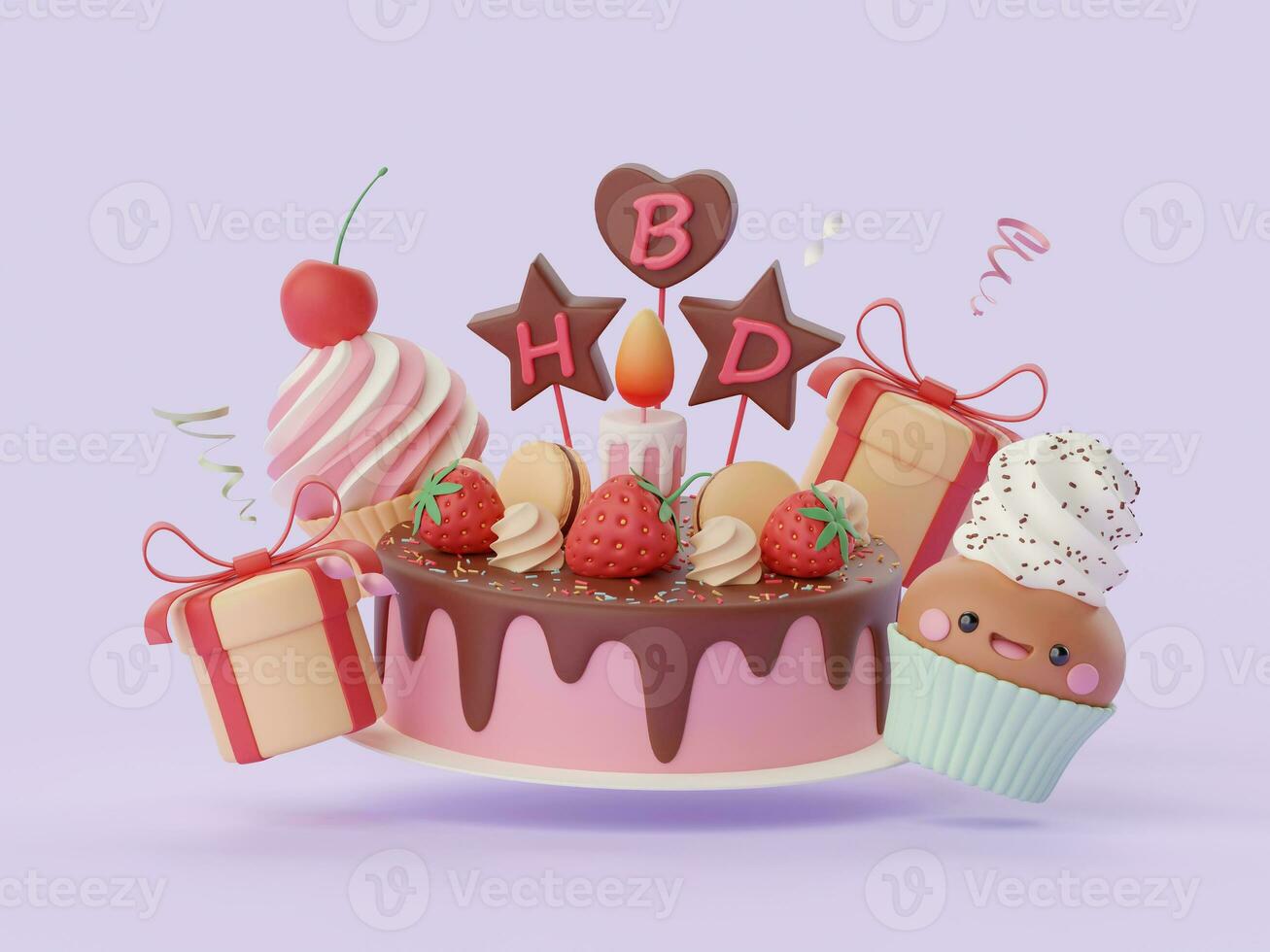 compleanno torta per celebrazione festa, candela, cupcake, fragola, regalo scatola, contento compleanno, 3d illustrazione foto