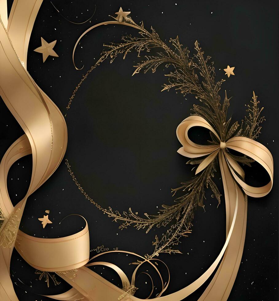 un elegante Natale saluti bandiera con d'oro turbine nastri con grazia avvolgimento in giro splendente stelle su un' ricco nero sfondo foto
