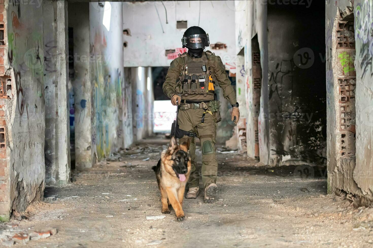 moderno guerra soldati con militare Lavorando cane nel azione su il campo di battaglia. foto