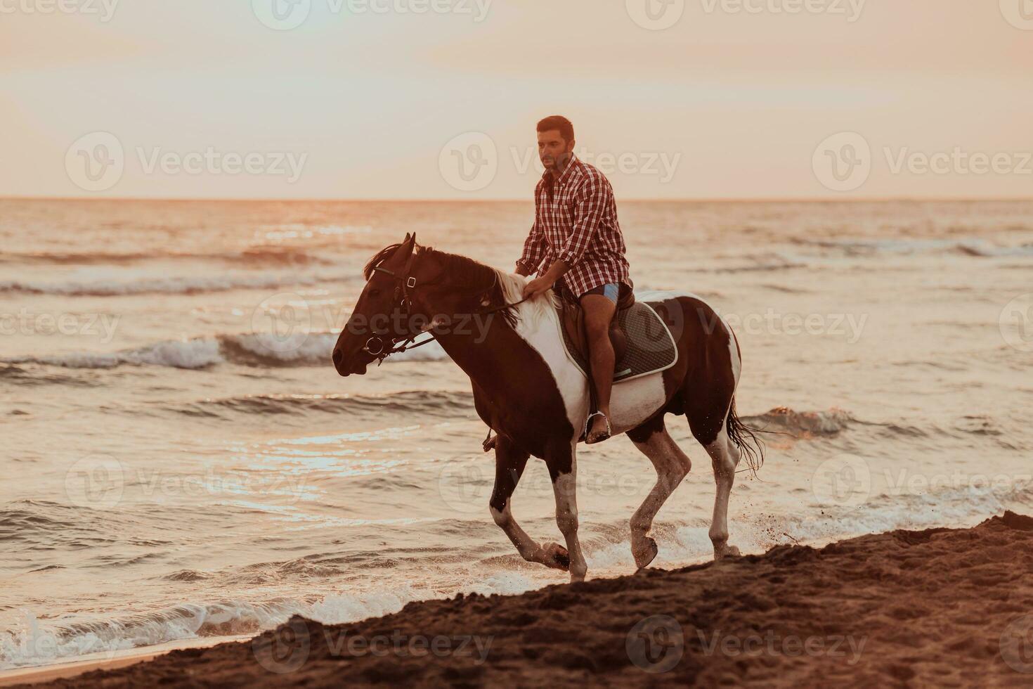 un' moderno uomo nel estate Abiti gode equitazione un' cavallo su un' bellissimo sabbioso spiaggia a tramonto. selettivo messa a fuoco foto