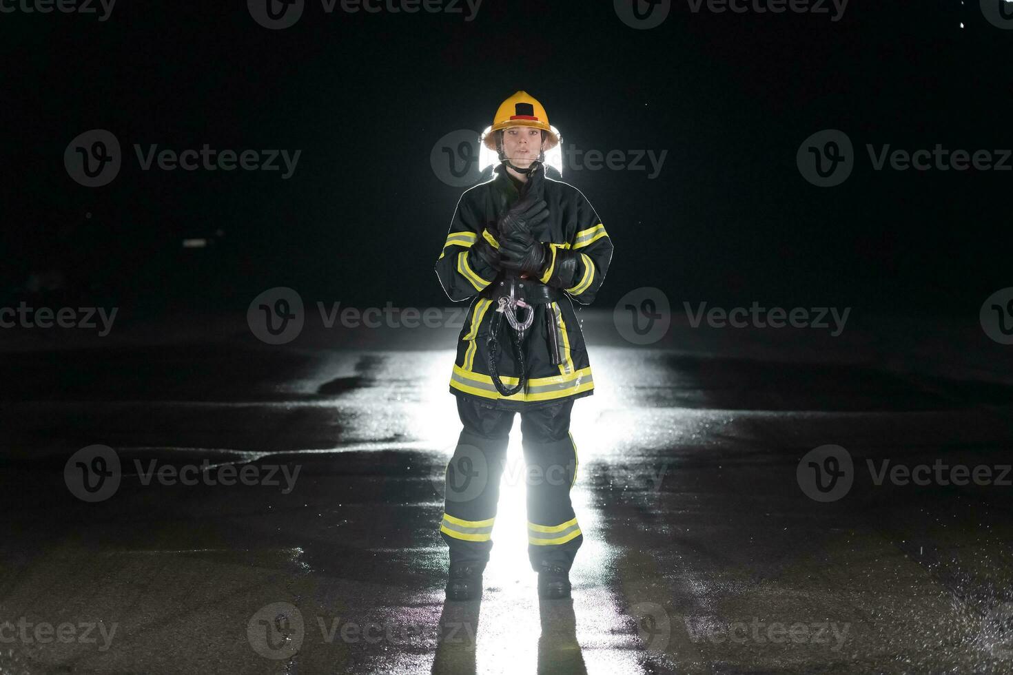 ritratto di un' femmina pompiere in piedi e a piedi coraggioso e ottimista. foto
