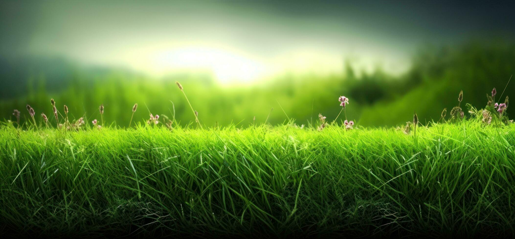 lussureggiante verde erba su prato nel mattina luce, primavera estate all'aperto avvicinamento, copia spazio, largo formato. un' bellissimo artistico raffigurazione di il purezza e freschezza di natura. ai generato foto