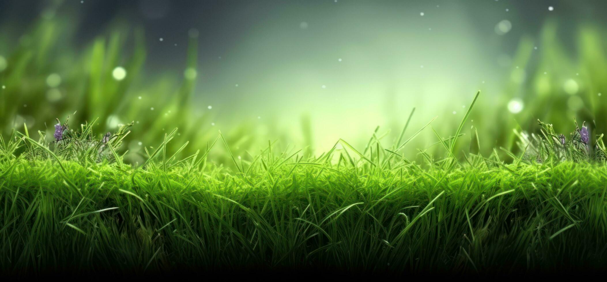 lussureggiante verde erba su prato nel mattina luce, primavera estate all'aperto avvicinamento, copia spazio, largo formato. un' bellissimo artistico raffigurazione di il purezza e freschezza di natura. ai generato foto
