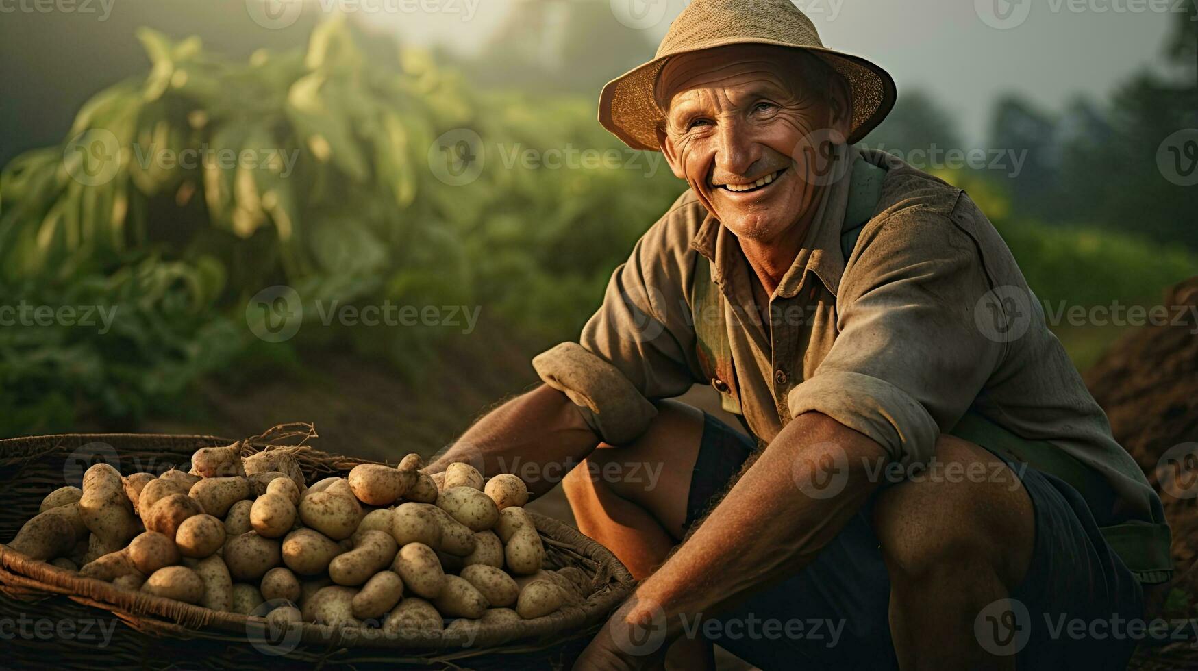 ritratto contadino raccogliere patate con leggero esposizione ai generativo foto