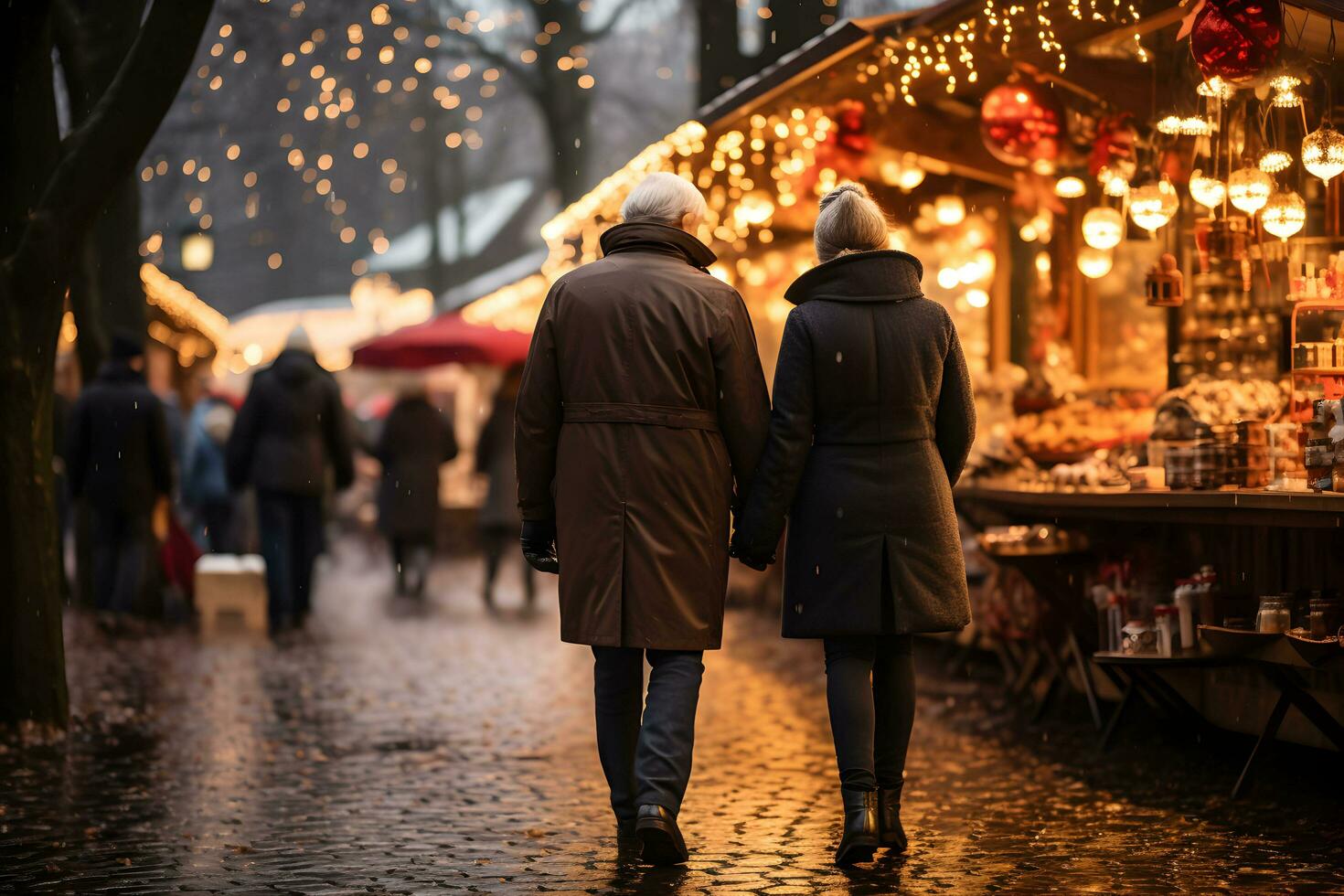 anziano coppia su Natale mercato, inverno tempo metereologico atmosfera, gode vacanza acquisti. ai generativo foto