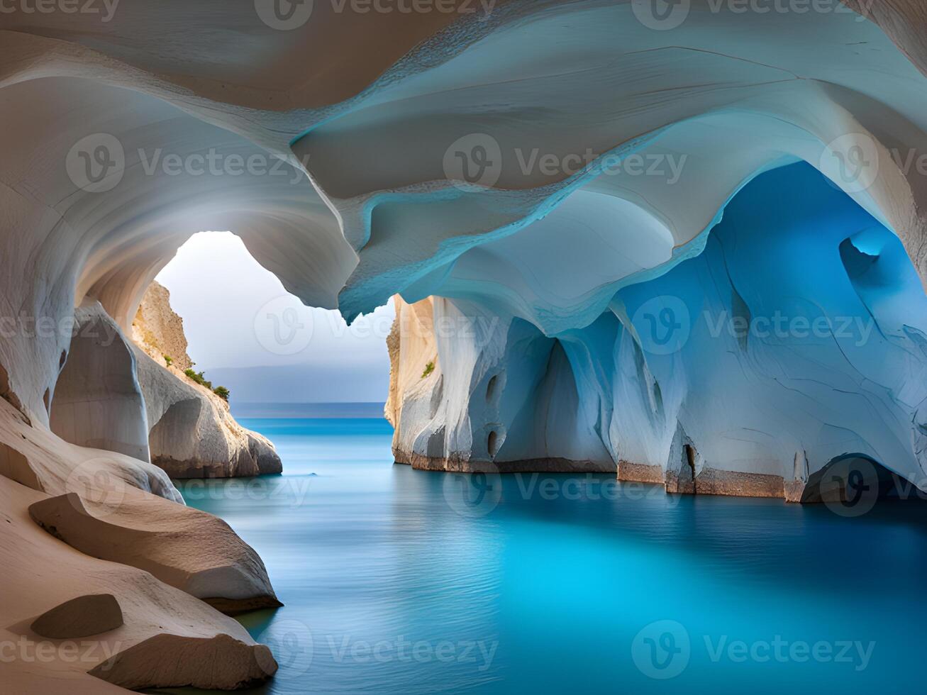 sorprendente blu laguna con bianca scogliere nel santorini, Grecia. foto