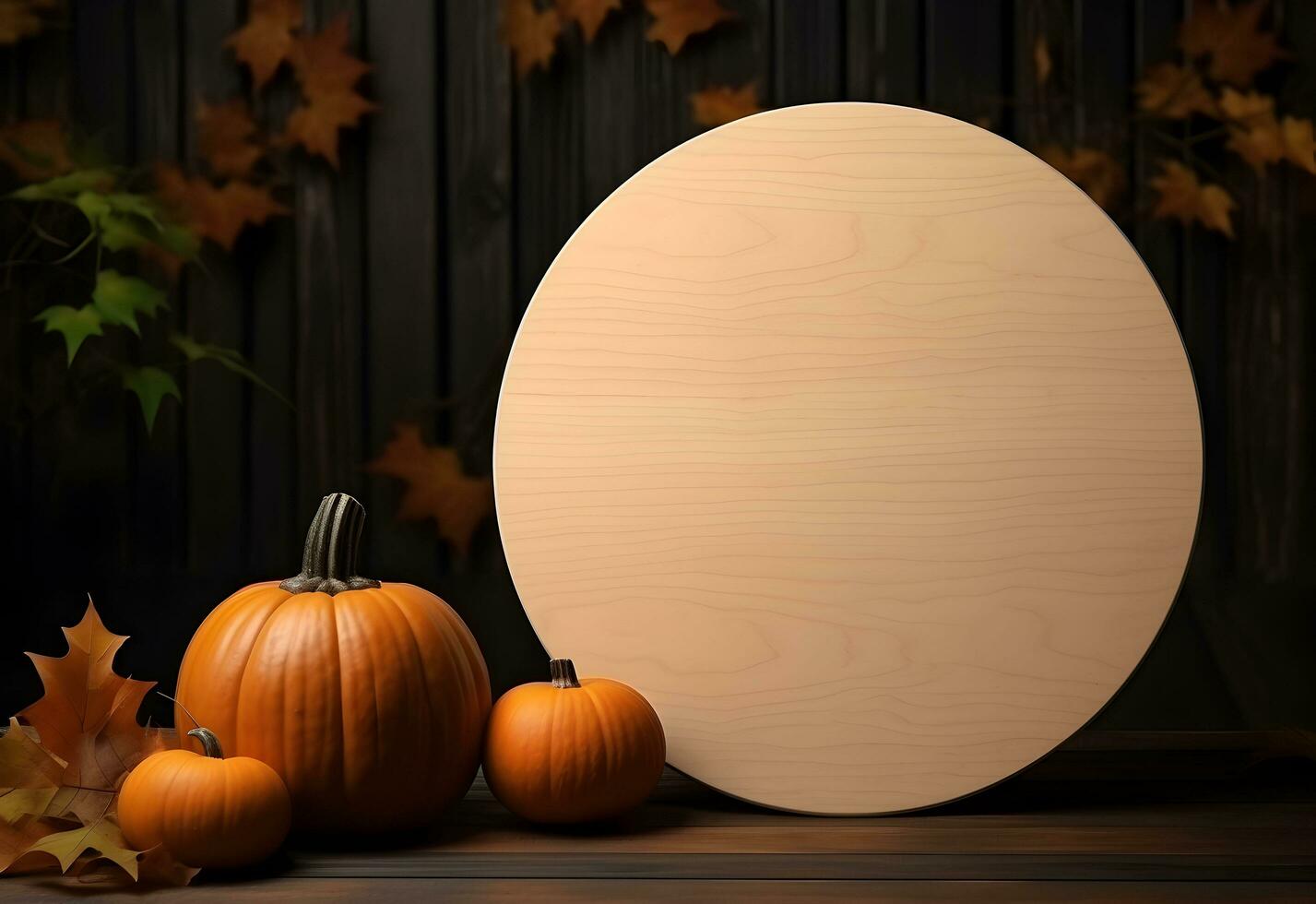 Halloween il giro cartello modello con zucche e caduto le foglie su buio sfondo. di legno tavola con autunno vacanza decorazione con copia spazio. generato ai. foto