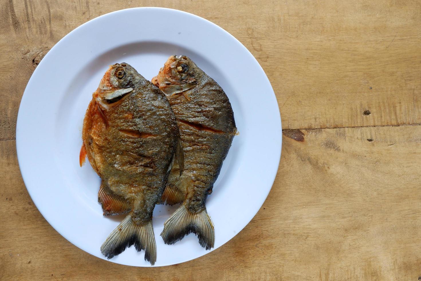 pomfret su piatto bianco con tavolo in legno foto