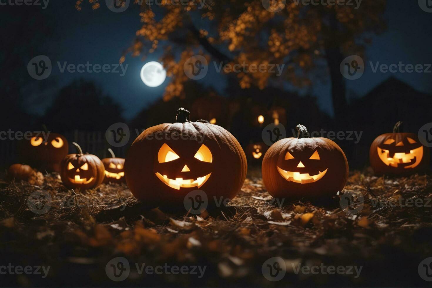 lavorato zucche per Halloween sorridente su terra sotto grande chiaro di luna. grande Luna su sfondo. pipistrelli su il cielo. ai generato foto