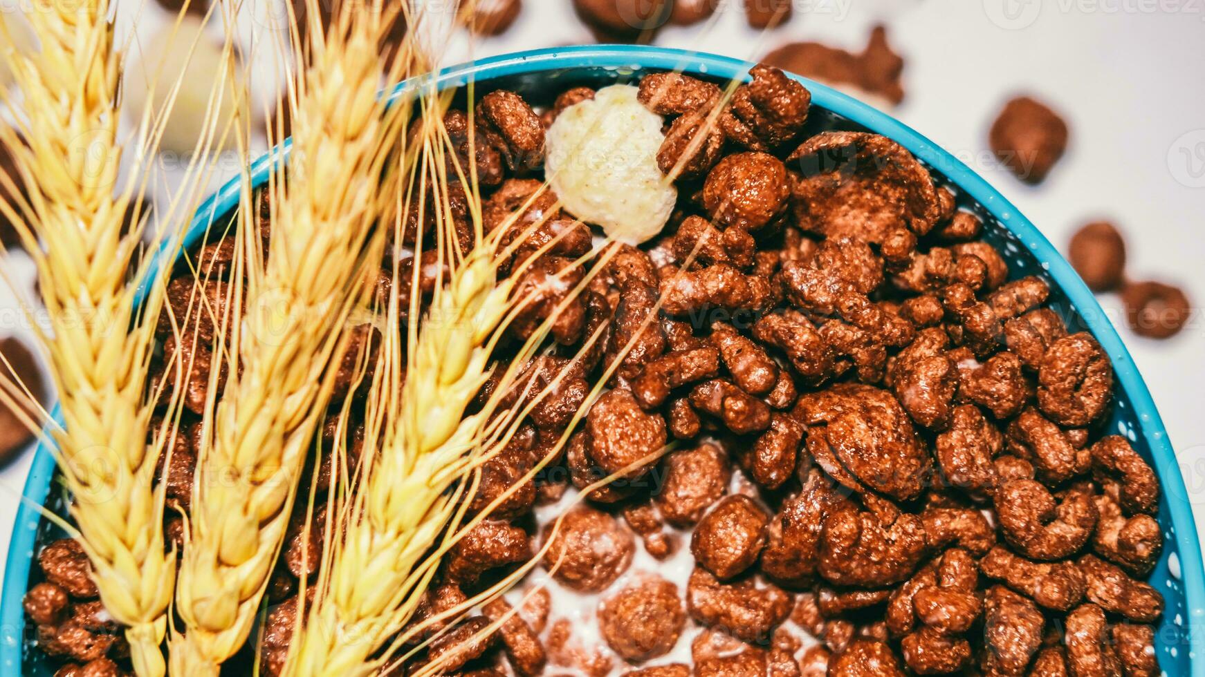 cioccolato cereale nel blu ciotola su bianca sfondo. fiocchi di mais. prima colazione concetto. cibo adatto per bambini. foto