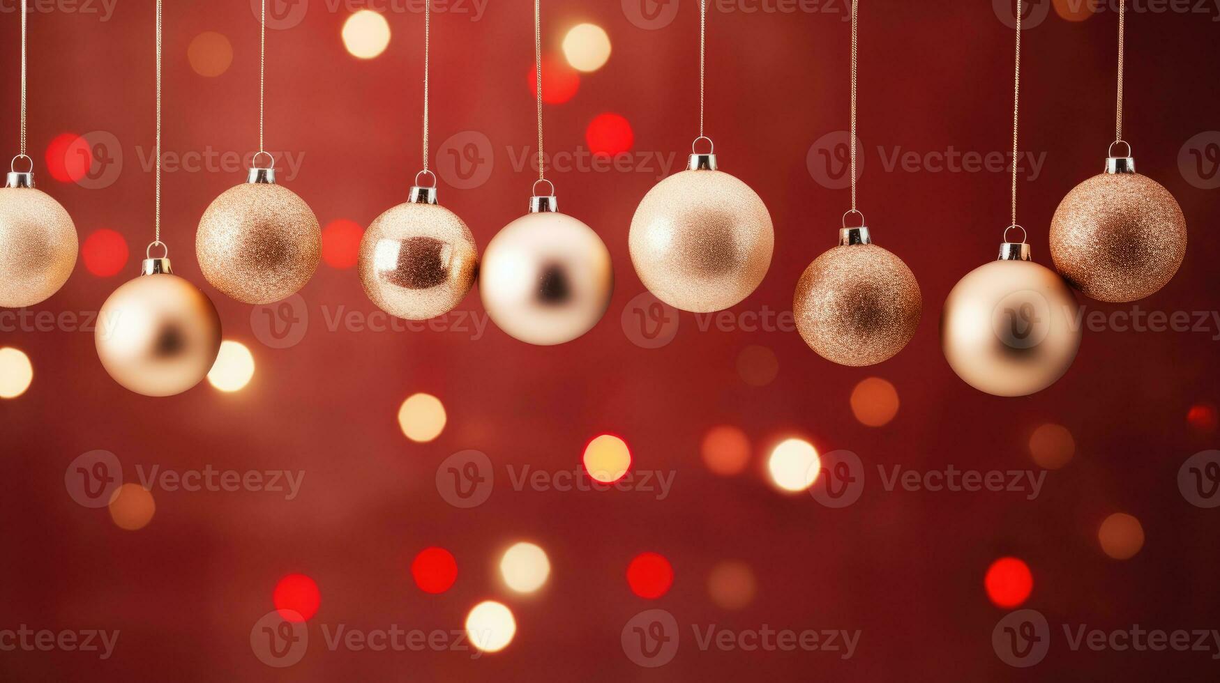 Natale palle di oro colore appendere su un' rosso sfondo insieme a. ai generato foto
