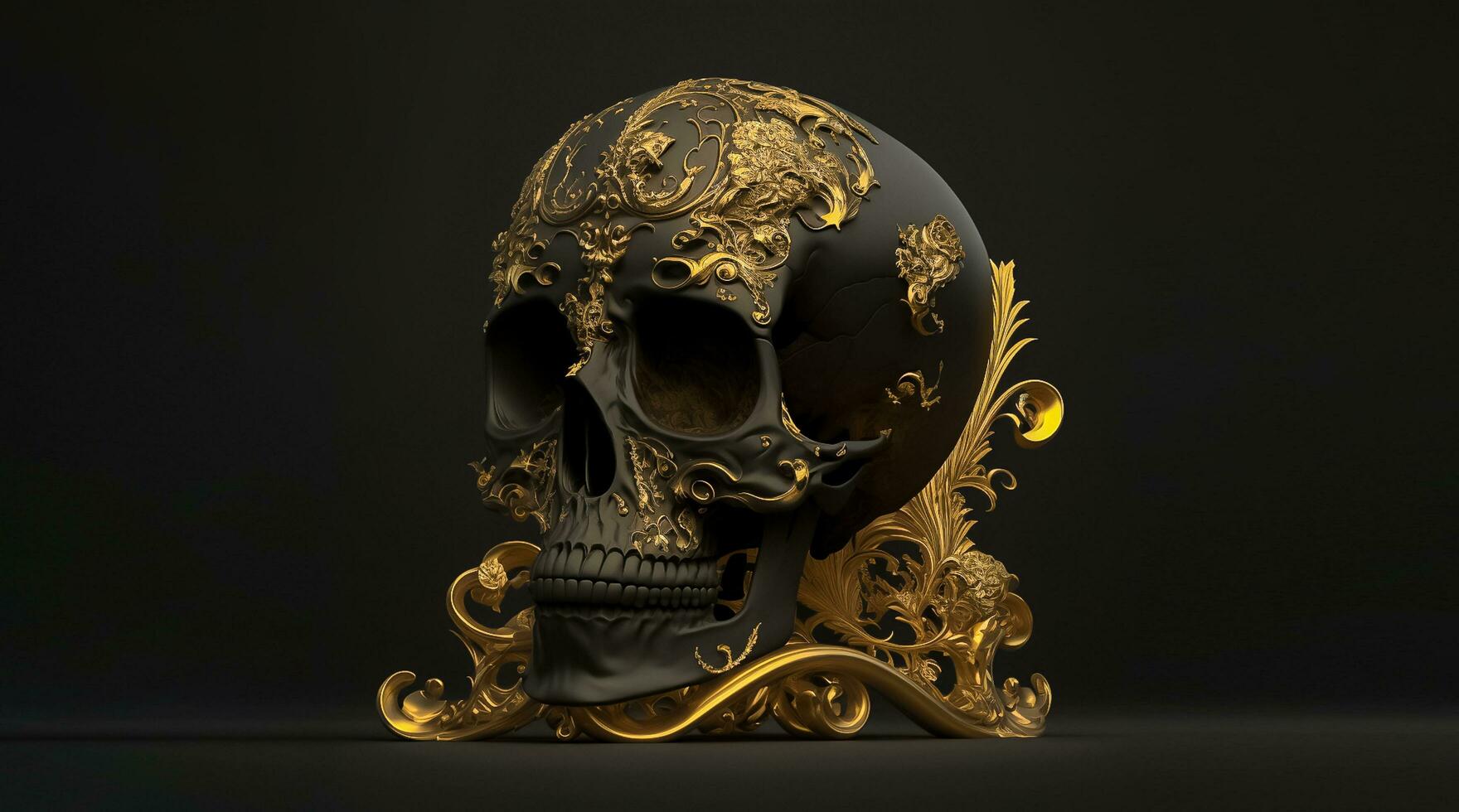 3d nero e oro umano cranio isolato su nero sfondo. ai generato foto