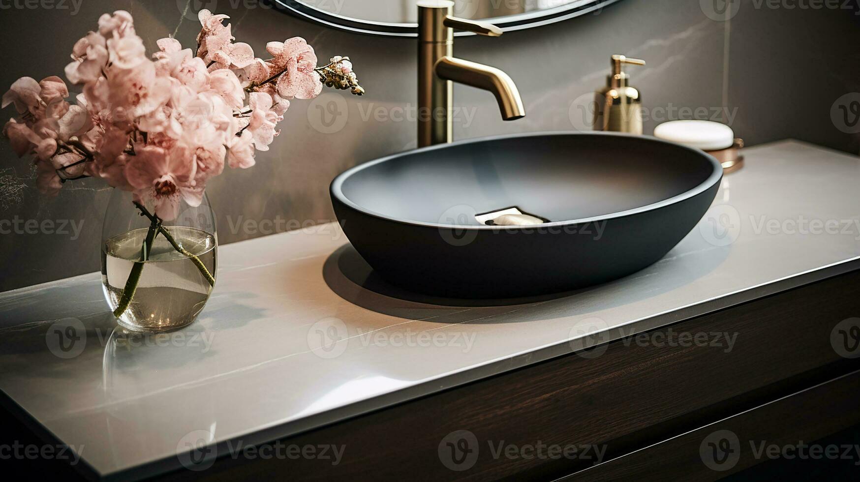 vicino su elegante bagno con ovale lavello, vuoto controsoffitto, di legno vanità, nero incorniciato specchio, fiore e grigio parete. generativo ai foto