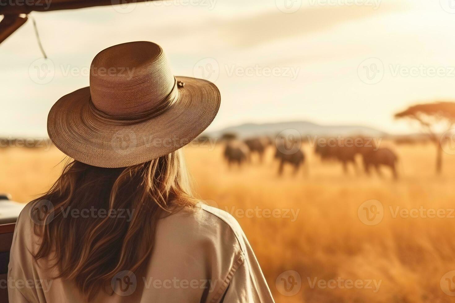 un' bellissimo femmina turista Esplorare un' savana ai generativo foto