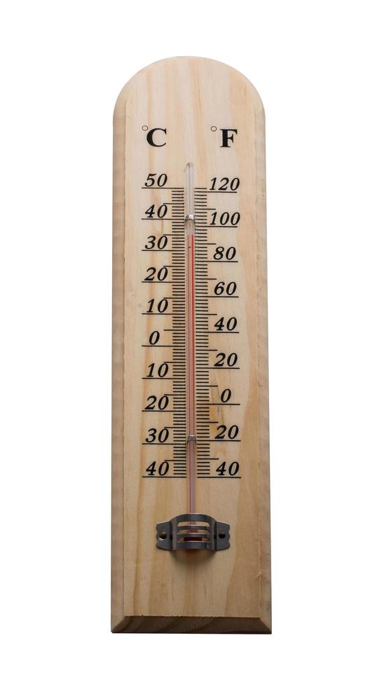 termometro in legno isolato su bianco blackground foto