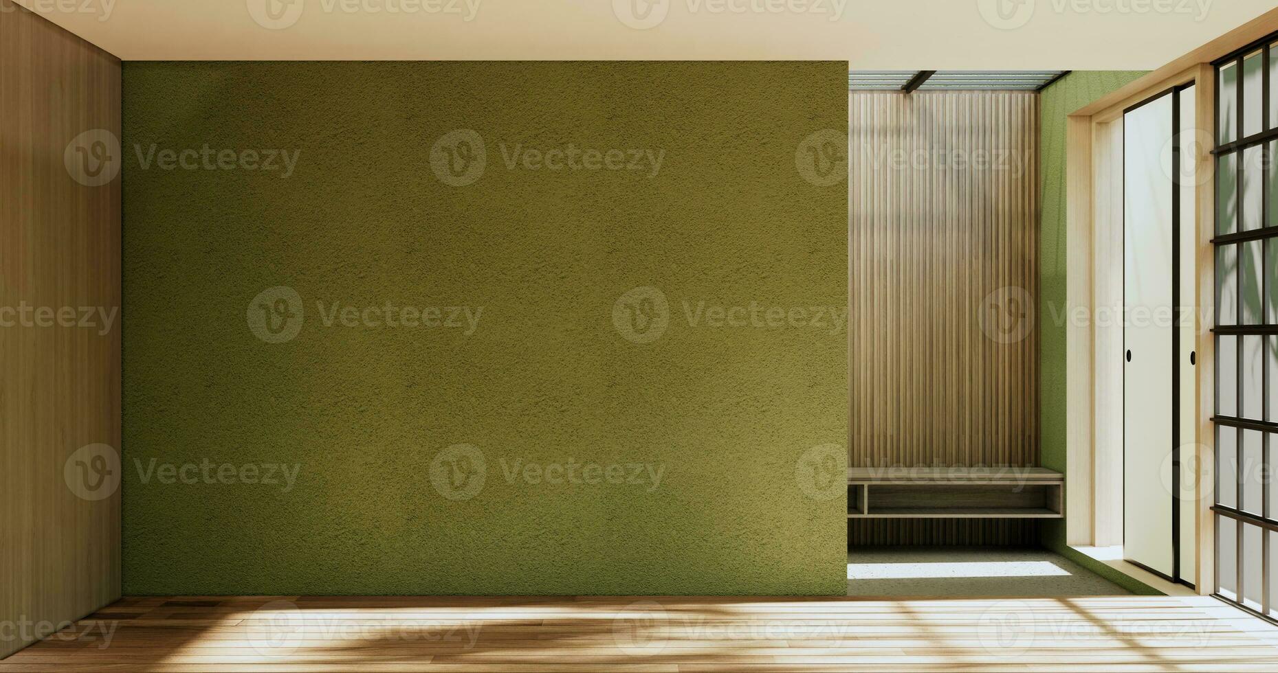 vuoto camera - verde parete su legna pavimento interno e decorazioni impianti. 3d interpretazione foto