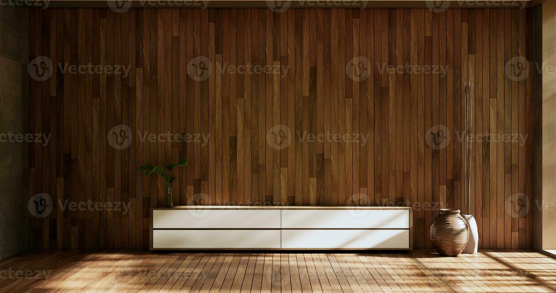 armadio in legno vuoto sulla stanza in legno stile tropicale.3d rendering foto