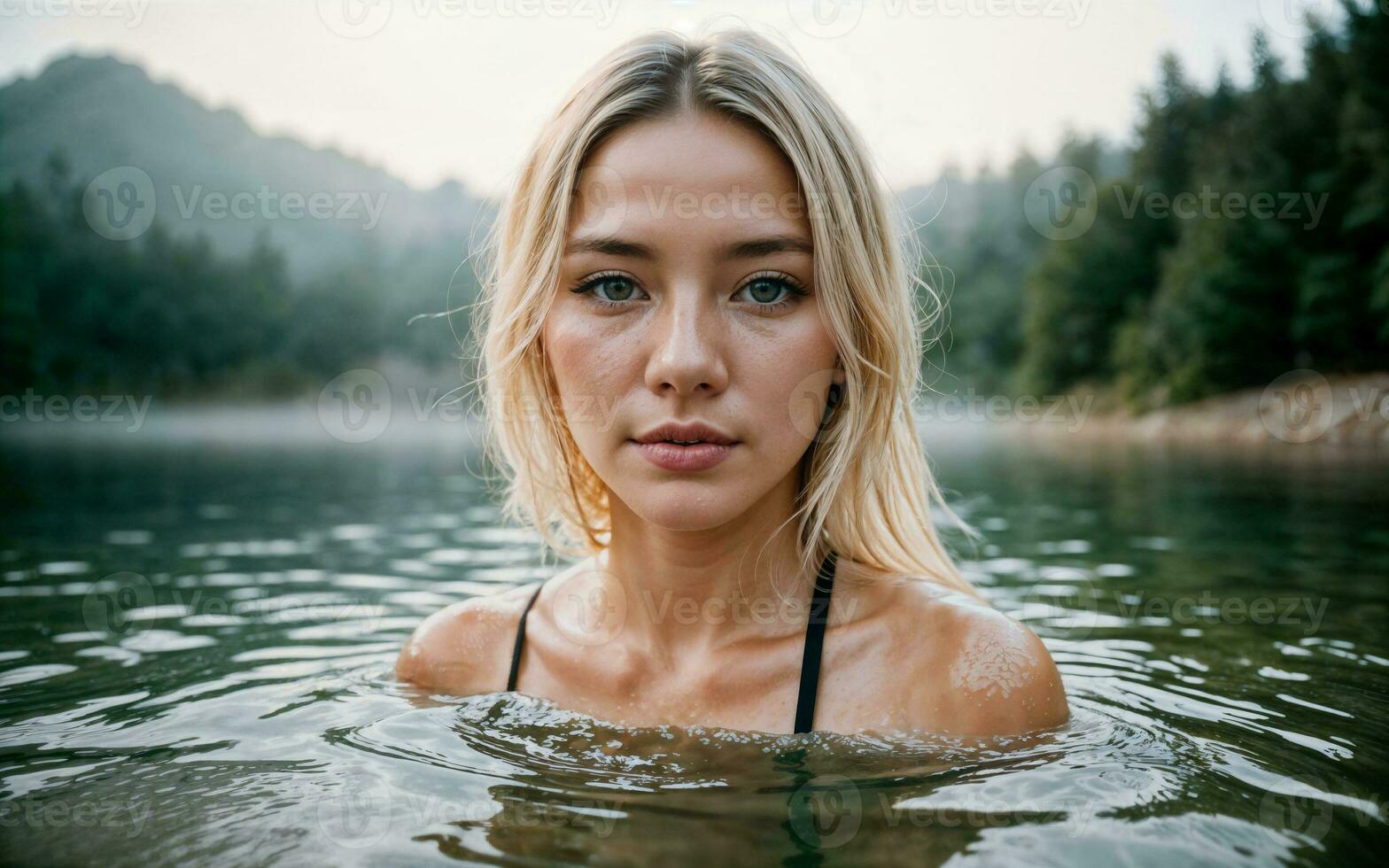 vicino su foto di donna sommerso nel acqua lago, generativo ai