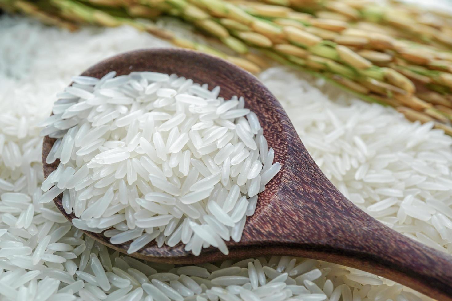 riso asiatico in cucchiaio di legno. foto