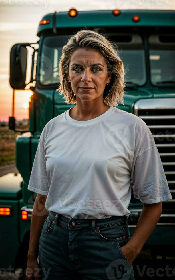 foto di camion autista con camion nel sfondo tramonto scena generativo ai