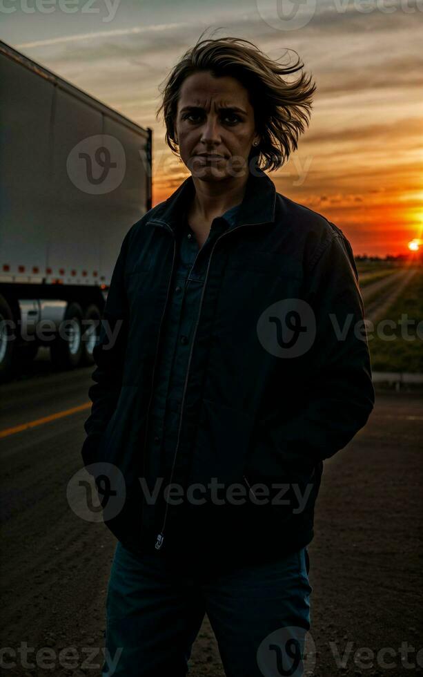 foto di camion autista con camion nel sfondo tramonto scena generativo ai