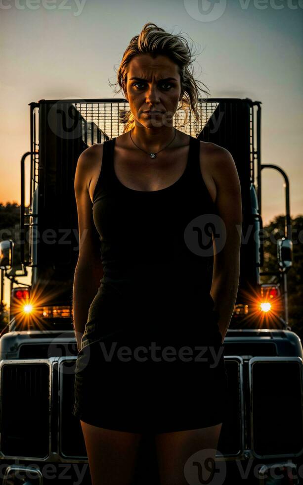 foto di camion autista con camion nel sfondo tramonto scena generativo ai