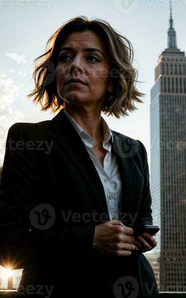 foto di grave ufficio Lavorando donna con alto salire edificio nel sfondo, generativo ai