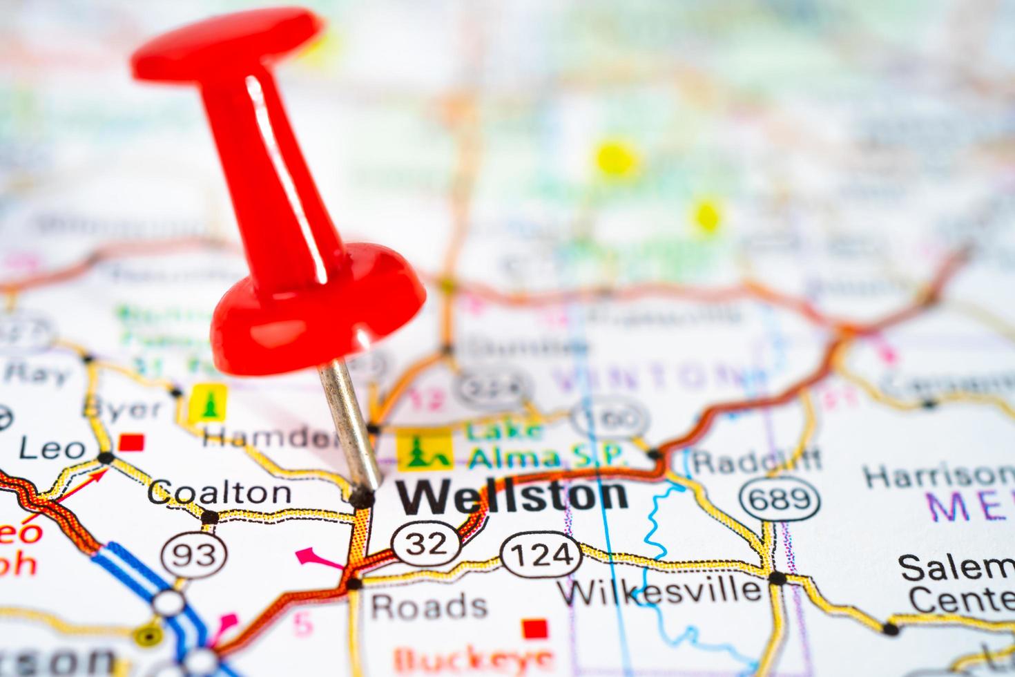 Wellston, contea di jackson, ohio, mappa stradale con puntina rossa foto