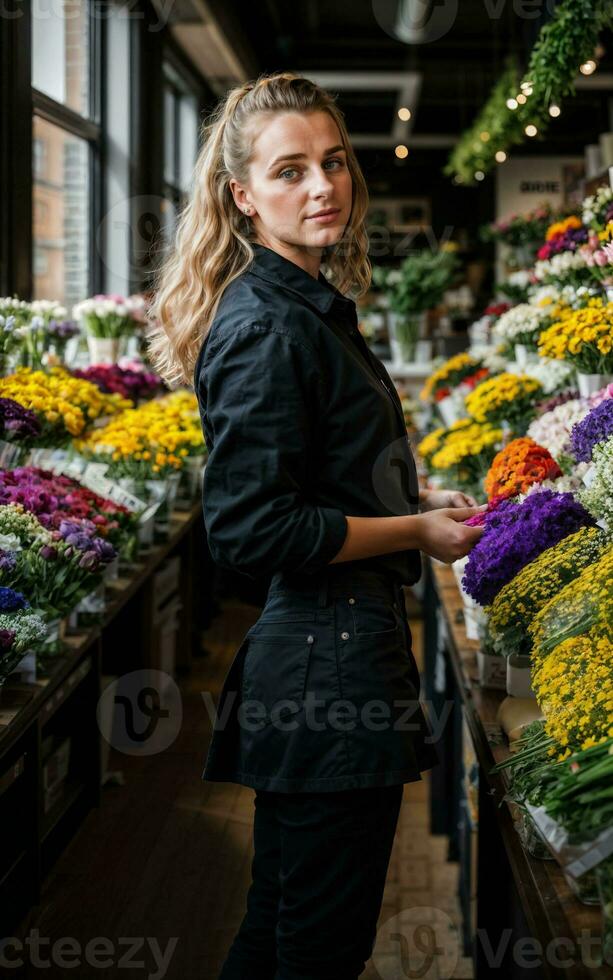 foto di donna come un' fioraio fiore negozio, generativo ai